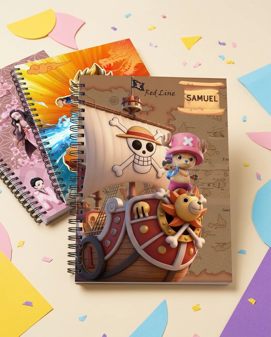 Três cadernos espirais com artes coloridas do pack aplicadas como adesivo de capa